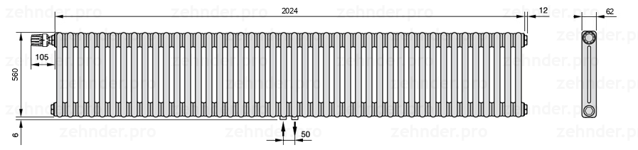 Схема (чертеж) Радиатор Zehnder Charleston 2056/44 №V007 Белый глянцевый RAL 9016